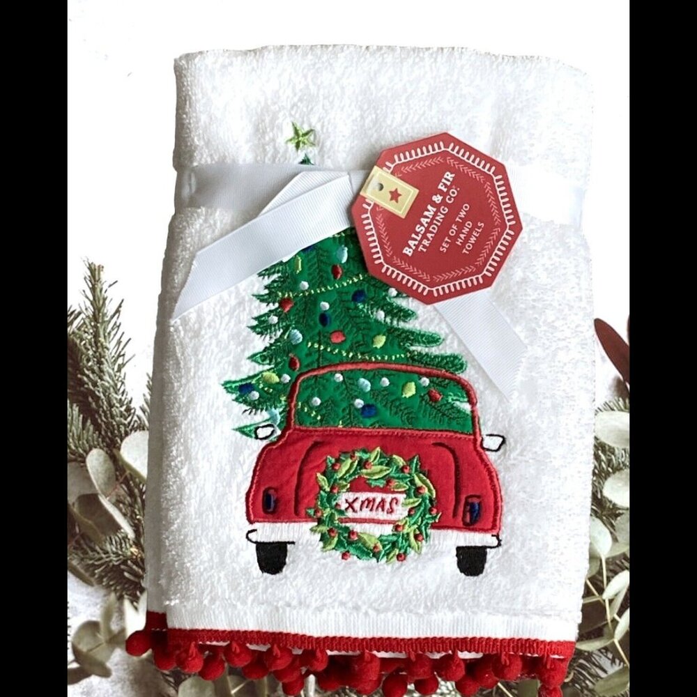 2 Balsam & Fir Embroidered Christmas Bathroom Fringe HAND TOWEL Set Car w/Tree